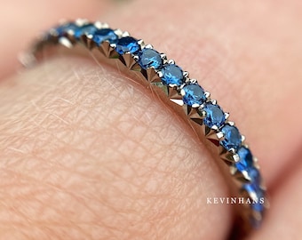 14k white gold french cut blue sapphire eternity ring, natural sapphire eternity band, wedding band, matching engagement ring,round cut band