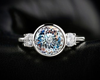 Antique 2.50 CT Portuguese Cut Colorless Moissanite Ring, Bezel Set Portuguese Cut Moissanite Three Stone Engagement Ring For Women Gift