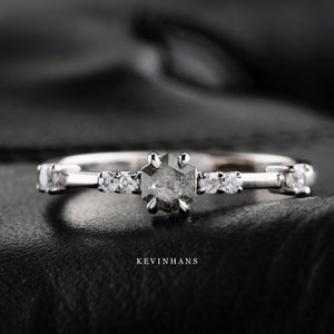 salt and pepper diamond engagement ring, 14k white gold hexagon diamond ring, salt and pepper hexagon wedding ring, diamond anniversary ring