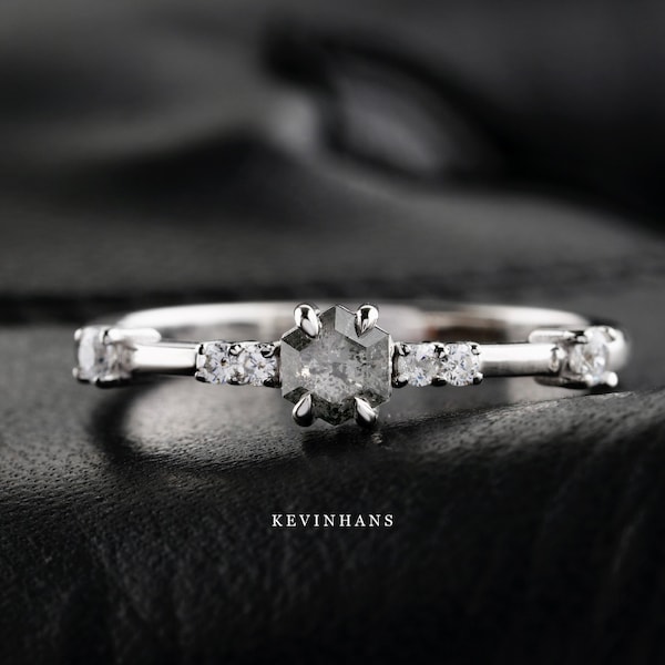 salt and pepper diamond engagement ring, 14k white gold hexagon diamond ring, salt and pepper hexagon wedding ring, diamond anniversary ring