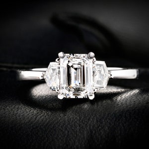 Three Stone Emerald Cut Moissanite Engagement Ring, 14K white Gold Emerald And Tapper baguette Ring, Emerald Engagement Ring For Women Love