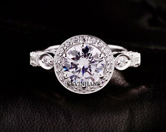 3.00 TCW Vintage Halo Engagement Ring, Round Brilliant Cut Moissanite Diamond Ring, 14K White Gold Engagement Ring, Halo Ring For Women
