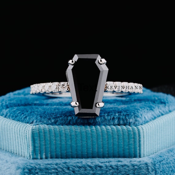14K White Gold BLACK Coffin Diamond Ring, CT Coffin Cut