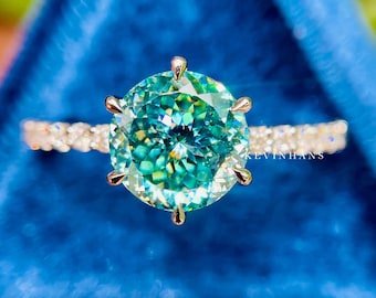 Classic 2.0 CT Portuguese Cut Moissanite Engagement Ring, Blue Green Moissanite Solitaire Ring For Women Anniversary Ring Gift For Her Love