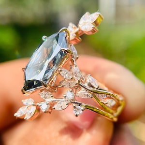 4.0CT Gray Moissanite Dutch Marquise Ring, 14K Rose Gold Dutch Marquise Moissanite Engagement Ring vintage Art Deco Tree Leaf Twig Ring