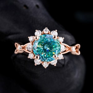 Classic 2.50 Portuguese Cut  Blue green Moissanite Engagement Ring 14K Rose Gold Halo Ring, Floral Ring, Flower Ring, Anniversary Ring gift