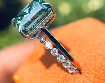 3.0 CT Blue Green Radiant Cut Moissanite Ring, Radiant Diamond Engagement Ring, 18K White Gold Wedding Ring, Promise Ring Bridal Ring Set
