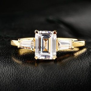 Three Stone Emerald Cut Moissanite Engagement Ring, 14K white Gold Emerald And Tapper baguette Ring, Emerald Engagement Ring For Women Love