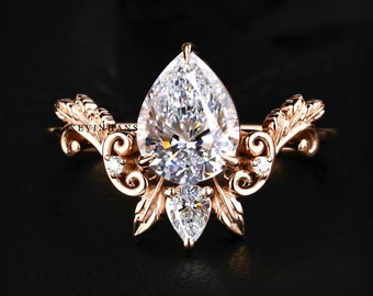 2.0 CT Pear Cut moissanite Engagement Ring, Pear cut Diamond Anniversary Ring For Women, Natural Inspired Tree Leaf Ring, 14k Rose gold Ring