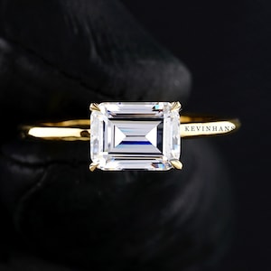 Emerald Cut East  West Solitaire Engagement Ring 14k/18K yellow Gold, 2 CT Moissanite Emerald Cut Ring, Forever engagement ring wedding ring