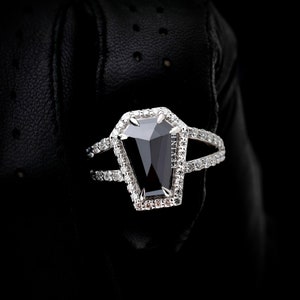 Black Coffin Cut Moissanite Halo Engagement Ring, 14K White Gold Rose Cut Coffin Ring For Women, Coffin Cut Black Diamond Halo Women Ring