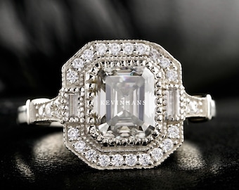 Anillo de compromiso de moissanita esmeralda incolora de 2,22 TW, anillo de compromiso con halo, anillo de diamantes en oro blanco de 14 k, anillo de bodas único, anillo art déco