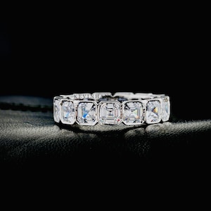 Asscher Cut Diamond Bezel Set Eternity Band, 3 mm Colorless Asscher Cut Moissanite Wedding Band, Asscher Cut Lab Grown Diamond Fully Eternit