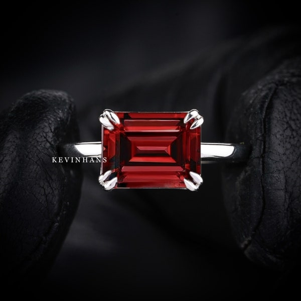 East west Emerald cut Red Garnet Engagement Ring, 14K White Gold Emerald Cut East West Garnet Ring, Solitaire Natural Garnet Ring, Red Stone