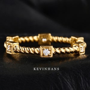 cable band, 18k yellow gold rope cable eternity band, moissanite diamond stackable band, solid gold wedding band, diamond eternity band ring