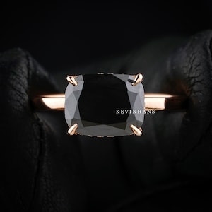 East west Elongated Cushion Cut Black Moissanite ring, 2.0 CT Cushion Cut Black Diamond Ring, Solitaire hidden Halo Ring, Anniversary Ring