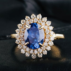 oval blue sapphire engagement ring, 14k yellow gold halo engagement ring , natural blue sapphire. ring for women, wedding ring , anniversary