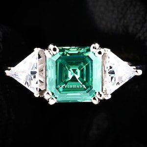 Green Asscher Cut Moissanite Ring, 14K White gold Three Stone Engagement Ring, Trillion Cut Moissanite Diamond Ring For Women, Three Stone