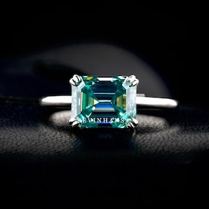 Blue Green East West Emerald Cut Moissanite Engagement Ring, 2.50 Ct Emerald Cut Moissanite Solitaire Ring For Women, Double Claw Prong Ring