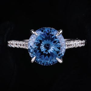 Antique 3.50 CT Portuguese Cut Blue Moissanite Ring, 14K White Gold Portuguese Cut Sapphire Blue Moissanite Solitaire Engagement Ring Twig