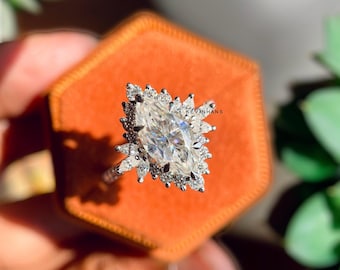 Anillo de moissanita con corte marquesa floral antiguo de 4,5 TCW, diseño de mariposa art déco, único anillo vintage de moissanita con corte marquesa floral para regalo.