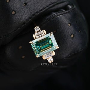 3.0 CT Emerald Cut Moissanite Engagement Ring, 14K Rose Gold Three Stone Diamond Ring, Blue Green Moissanite Ring For Women Anniversary Ring