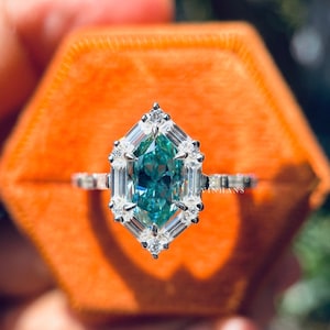 Antique Dutch Marquise Cut Moissanite Engagement Ring 14K White Gold Hexagon Green Moissanite Ring Baguette Halo Ring Anniversary Ring gift