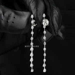 Pear Earring, Tennis chain long Earring, 14K white Gold Drop Tennis Earring, Pear Cut Moissanite Earring, Gift for Her, Push and Screw back
