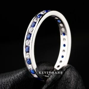 Blue Sapphire Full Eternity Band, Channel Set 1.80 MM Round Cut Colorless Moissanite Band, Sapphire Wedding Band, Natural Blue Sapphire RIng