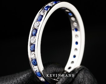 Blue Sapphire Full Eternity Band, Channel Set 1.80 MM Round Cut Colorless Moissanite Band, Sapphire Wedding Band, Natural Blue Sapphire RIng