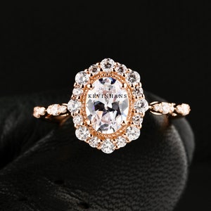 Oval Cut Halo Engagement Ring, 14K Rose Gold Oval Moissanite Ring, Oval Diamond Ring For Women, Minimalist Anniversary Ring, Moissanite Ring