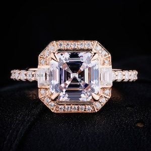 2.0 CT Asscher Cut Moissanite Engagement Ring, Art deco Vintage  Rose Gold Halo ring For Women Baguette Ring Three Stone Ring Christmas gift