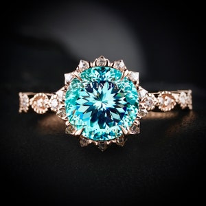 3.5 CT Portuguese Cut Blue Green Moissanite Halo Ring, 14K Rose Gold Portuguese Cut Moissanite Engagement Ring, Art Deco milgrain Starburst