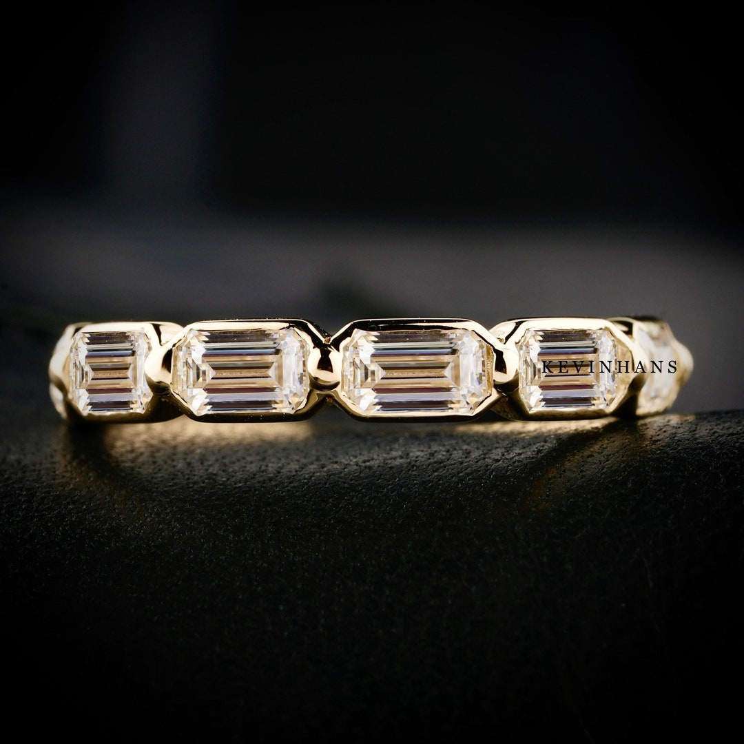 East West Emerald Cut Eternity Wedding Band, 14K Yellow Gold Emerald ...