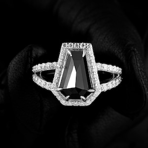 Black Coffin Cut Moissanite Halo Engagement Ring, 14K White Gold Rose Cut Coffin Ring For Women, Coffin Cut Black Diamond Solitaire Ring