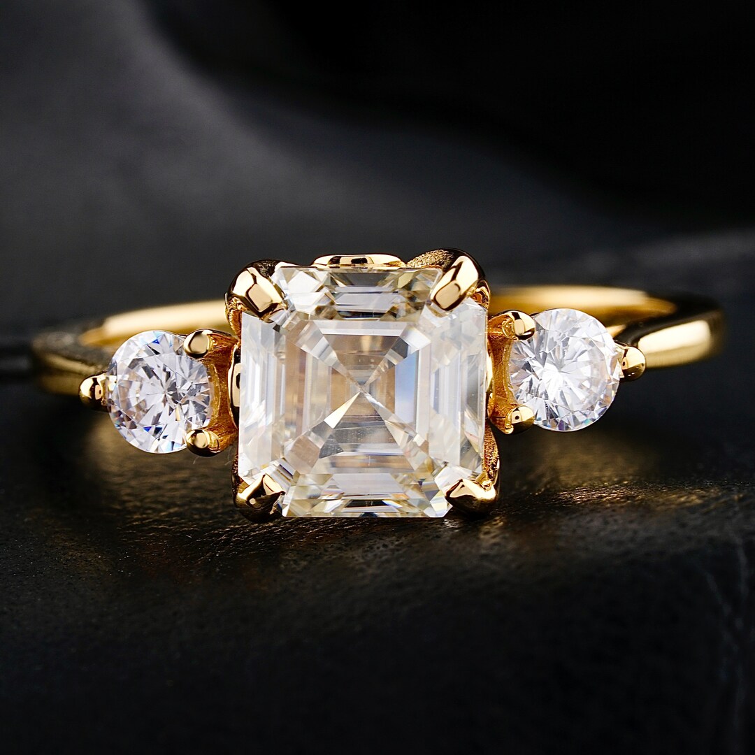 Asscher Cut Moissanite Engagement Ring - 14k Yellow Gold Moissanite ...