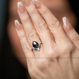 Pear Cut Salt and Pepper Diamond Ring,14K White Gold Salt and Pepper Diamond Engagement Ring, Round Cut Moissanite Diamond Halo Accent Ring