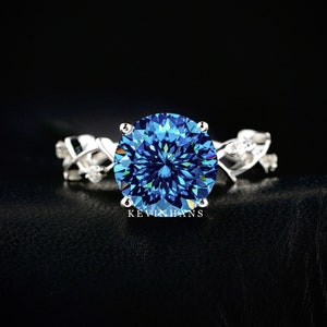 Antique 3.50 CT Portuguese Cut Blue Moissanite Ring, 14K White Gold Portuguese Cut Sapphire Blue Moissanite Solitaire Engagement Ring Twig