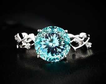 Antique 3.50 CT Portuguese Cut Blue Green Moissanite Ring, Portuguese Cut Solitaire Engagement Ring, 14K White Gold Portuguese Ring,Vintage