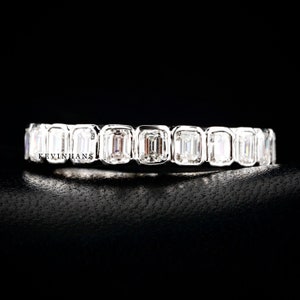 Colorless Emerald Cut Moissanite Wedding Band, Bezel Set Emerald Cut Diamond Eternity Band, Emerald Cut Lab Grown Diamond Fully Eternit Band