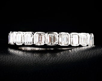 Colorless Emerald Cut Moissanite Wedding Band, Bezel Set Emerald Cut Diamond Eternity Band, Emerald Cut Lab Grown Diamond Fully Eternit Band