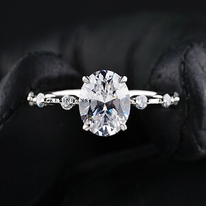 Oval Engagement Ring, 14k white gold Oval Cut Diamond Ring, Oval Moissanite Diamond Solitaire Ring, Hidden Halo Wedding Ring, Dainty Ring