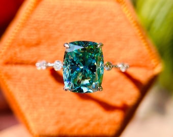 Elongated Cushion Cut Moissanite Engagement Ring, 2.0 CT Cushion Cut Blue Green Moissanite Hidden Halo Anniversary Ring Dainty Stacking Ring
