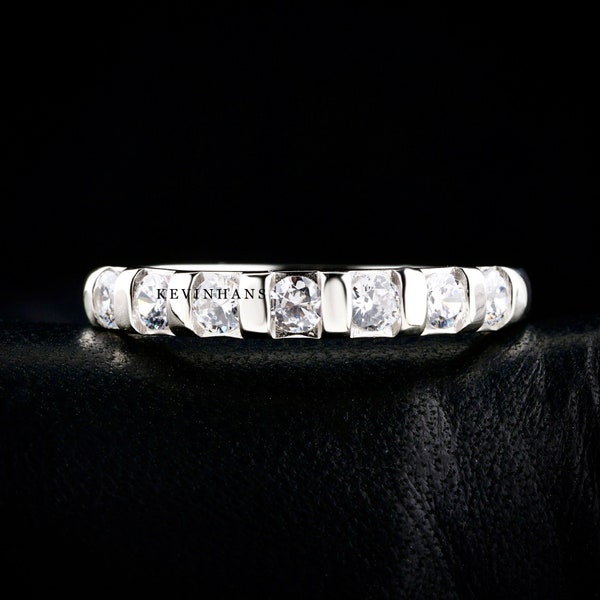 Halve bezel set 3,00 mm ronde kleurloze Moissanite eeuwigheid trouwring, 1,0 CT zeven stenen diamanten ring voor vrouwen, Lab Grown Diamond Ring
