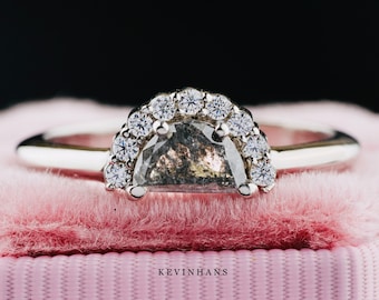 Half moon ring, 1.10 TCW Salt And Pepper Diamond Ring, 14k white gold half moon salt and pepper diamond engagement ring,cluster diamond ring