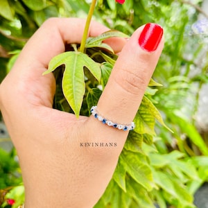 Bubble Ring, Natural Blue Sapphire Eternity Band, Full Eternity 2.00 MM Round Colorless Moissanite Wedding Bands, Bubble Single  Prong