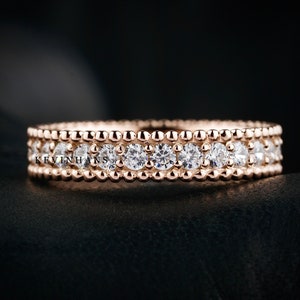 3.0 MM Round cut colourless Moissinite Wedding band, Dainty Fully Eternity Band, 14K Rose Gold Milgrain wedding band Stackable Matching Band