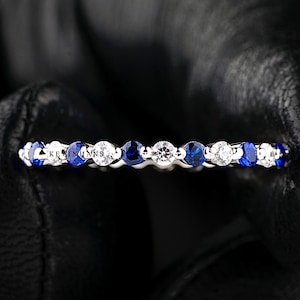 Natural Blue Sapphire Eternity Band, Full Eternity 2.00 MM Round Colorless Moissanite Wedding Bands, Bubble Single Prong Set Eternity Band