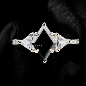 Kite Cut Black Moissanite Diamond Engagement Ring, 3.0 CT Lozenge Cut Black Moissanite Wedding Ring, 14K White Gold Three Stone Diamond Ring