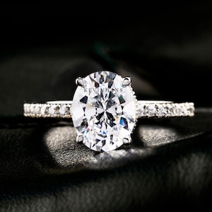 Oval Engagement Ring, 14k white gold Oval Cut Diamond Ring, Oval Moissanite Diamond Solitaire Ring, Hidden Halo Wedding Ring, oval Diamond